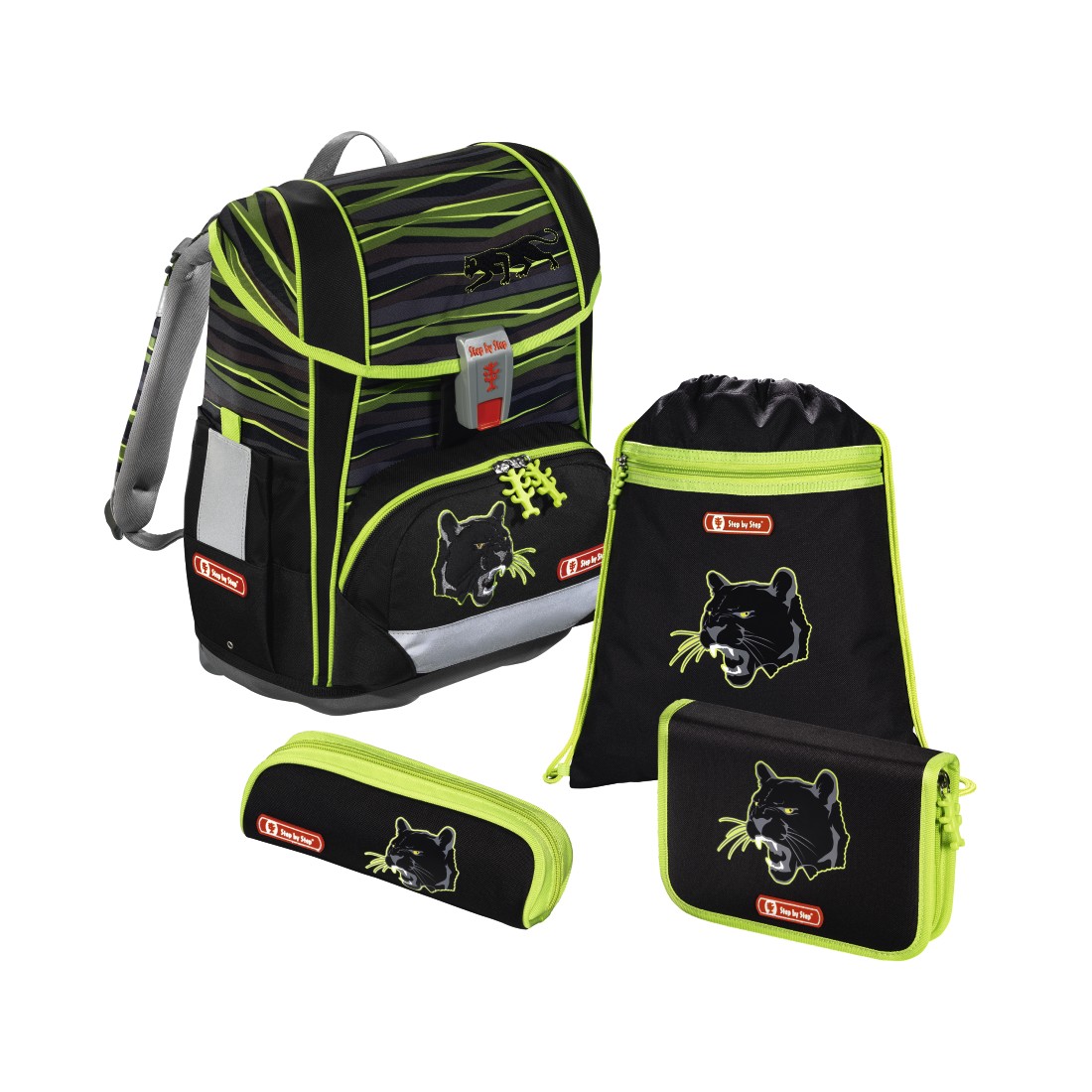 Školní aktovka LIGHT 2 pro prvňáčky – 4-dílný set, Step by Step Černý panter, certifikát AGR